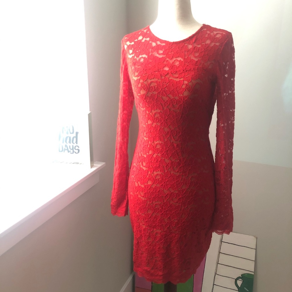 Express Red w Gold Lining Long Sleeve Dress XS